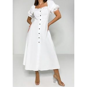 MISSGUIDED White Button down Midi Dress with Puff sleeves